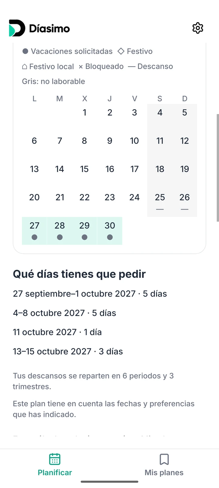 Díasimo en Android: calendario mensual con días solicitados y fechas agrupadas