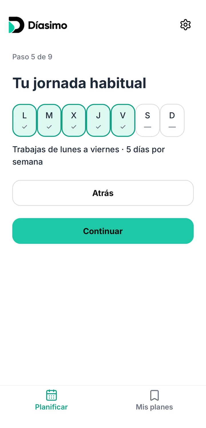Díasimo en iOS: selector de jornada con lunes a viernes elegidos